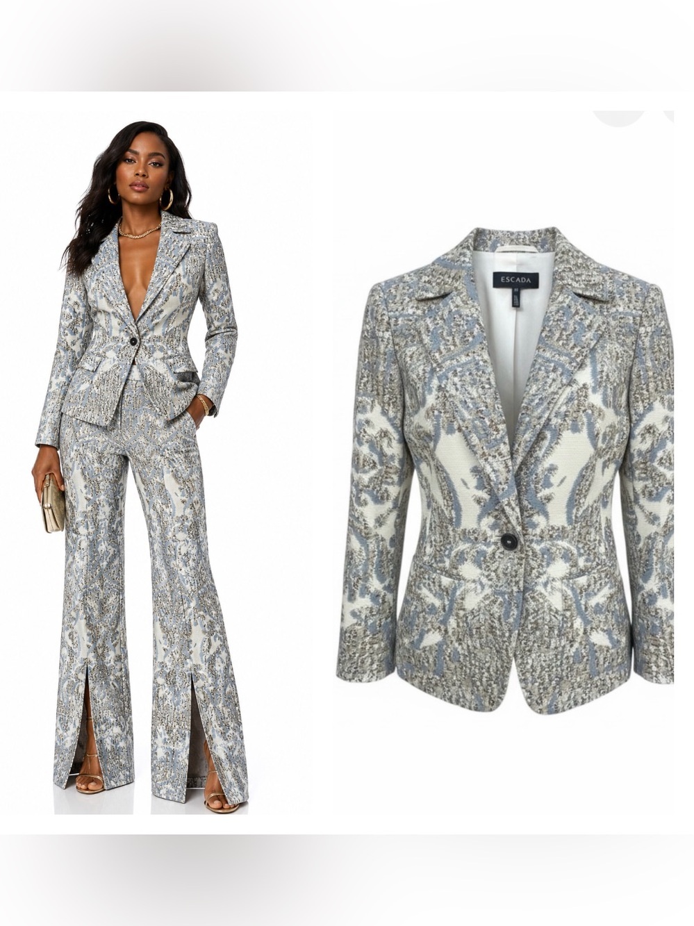 Escada Blue & Ivory Brocade One-Button Tailored Blazer 34 (U.S. 4)